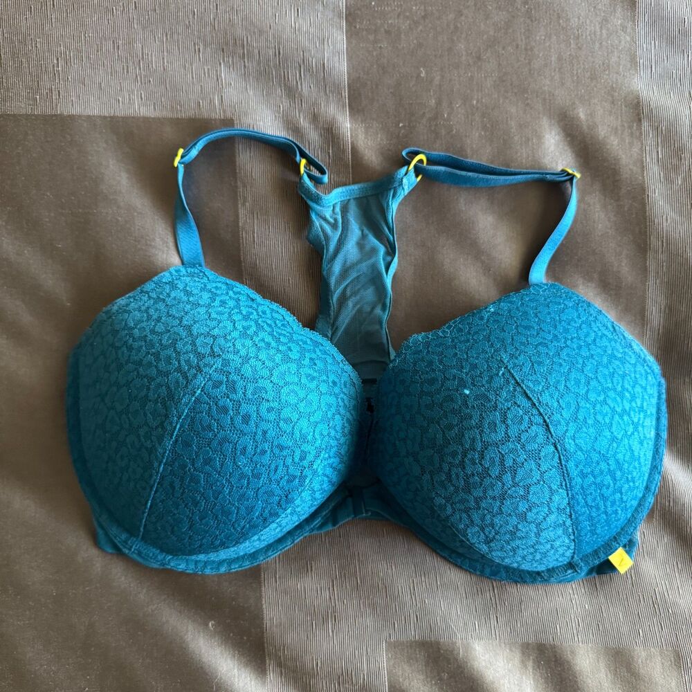 VICTORIA'S SECRET Teal Blue Lace Push Up Bra Size 38DD